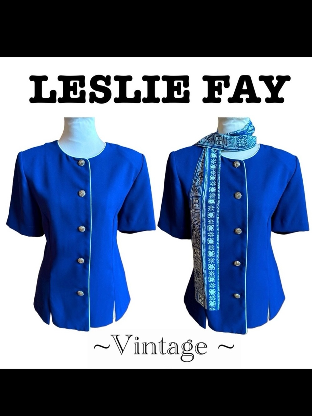 Vintage LESLIE FAY Blue Cream Top and Scarf (Vintage 14/Medium)